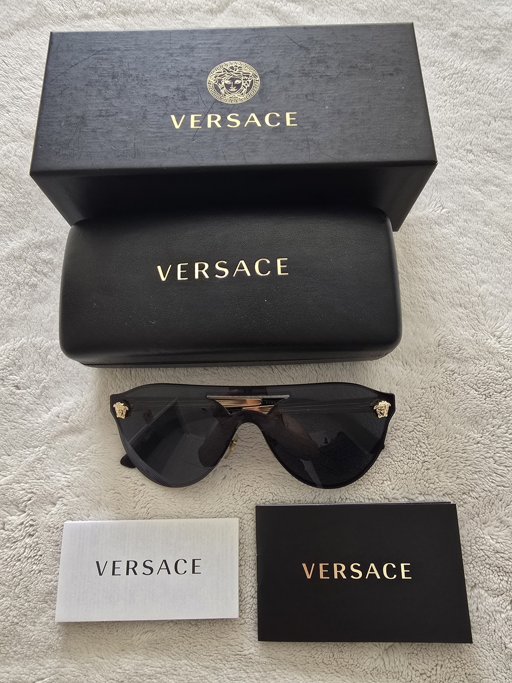 Versace Black Shield Sunglasses with Gold Medusa Details
